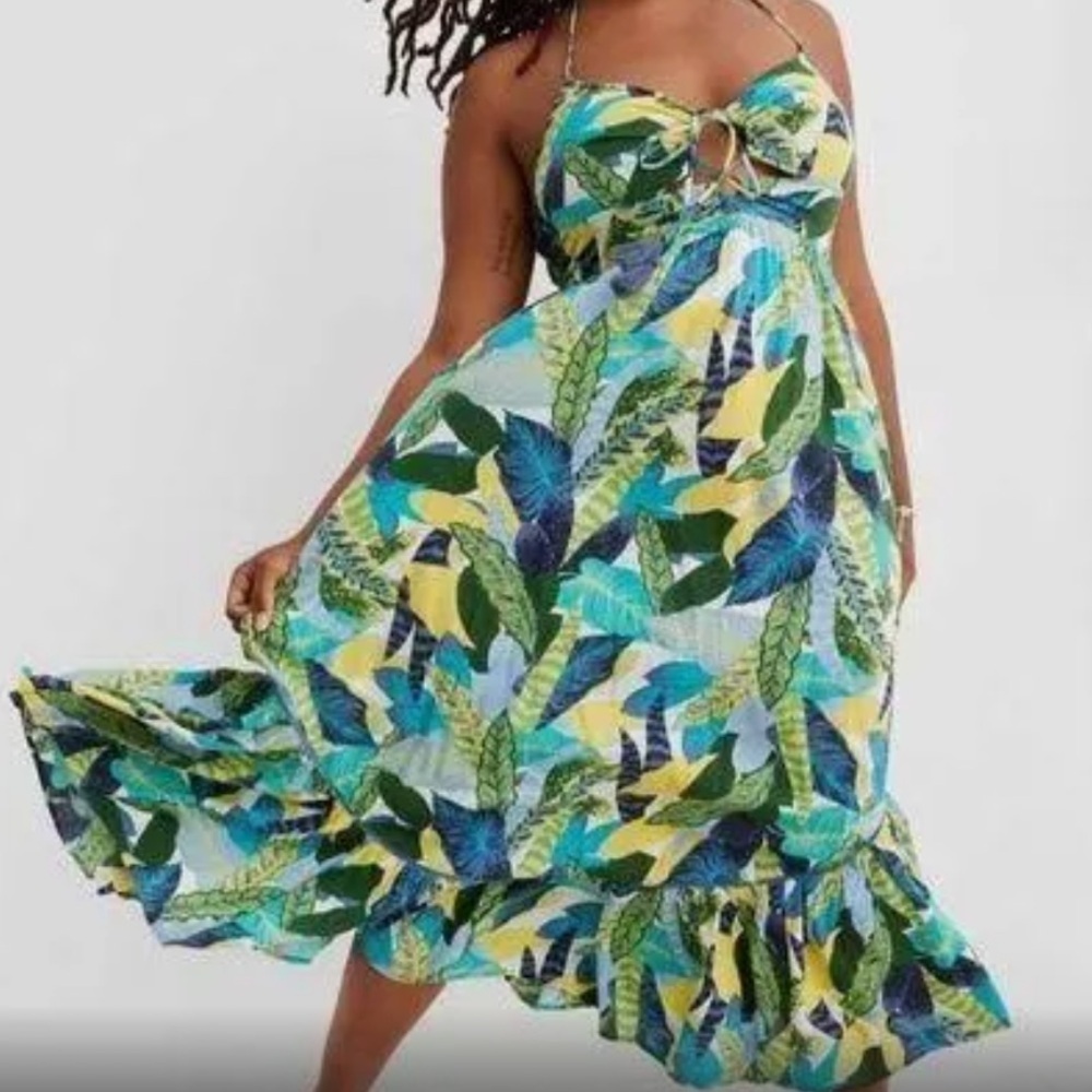 Aerie Tropical Leaf Print Sundress In Green, Blue, Yellow